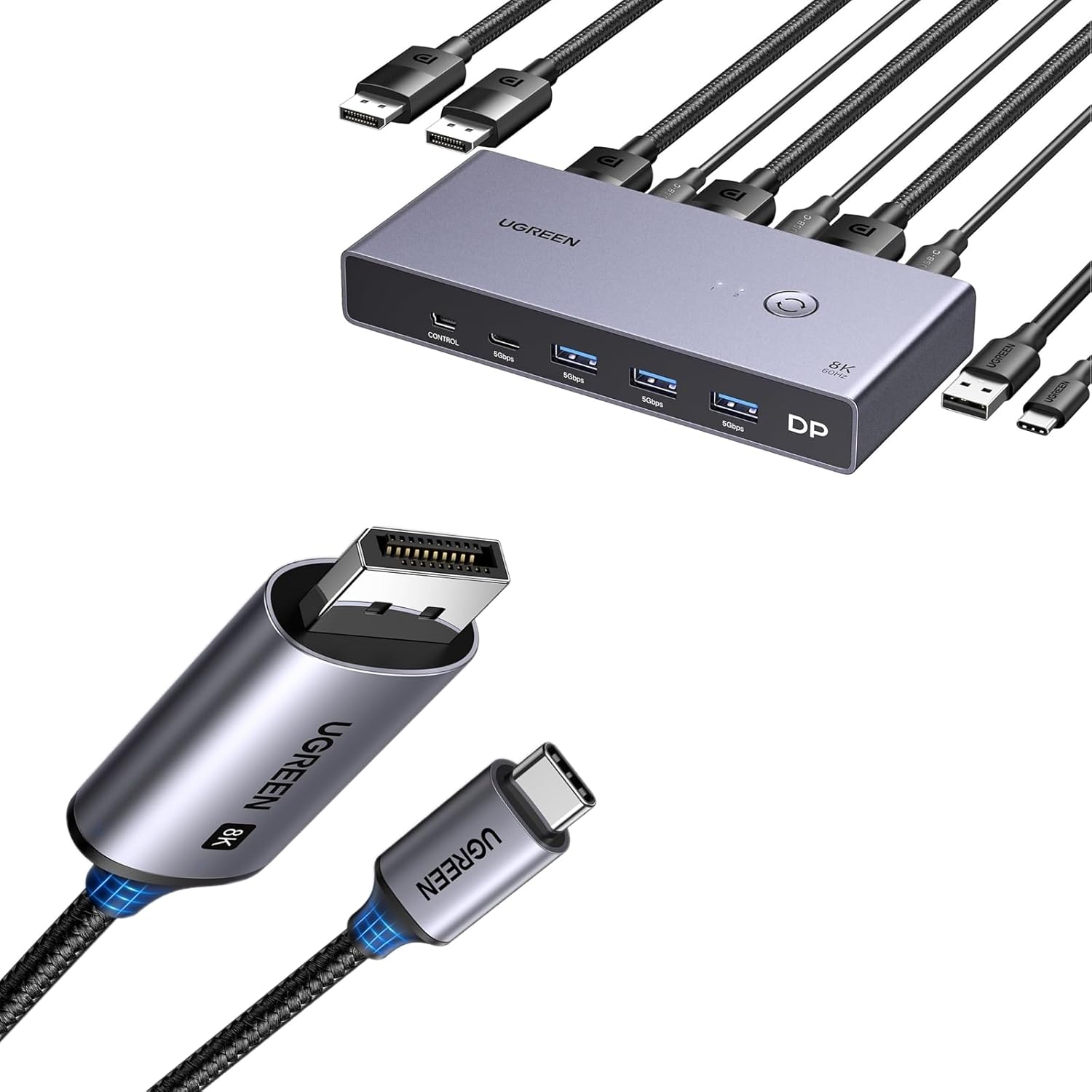UGREEN 8K Displayport KVM Switch DP 1.4 with 4 USB 3.0 Ports (3 USB-A + 1 USB-C) Bundle with UGREEN USB C to DisplayPort 1.4 Cable 8K@60Hz 4K@240Hz Thunderbolt 4/3 to DisplayPort Cord