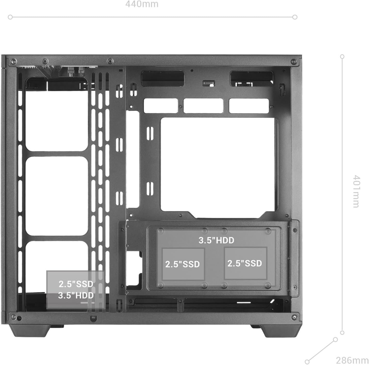 Diagram showing internal dimensions and drive bay locations for 3.5 inch HDDs and 2.5 inch SSDs