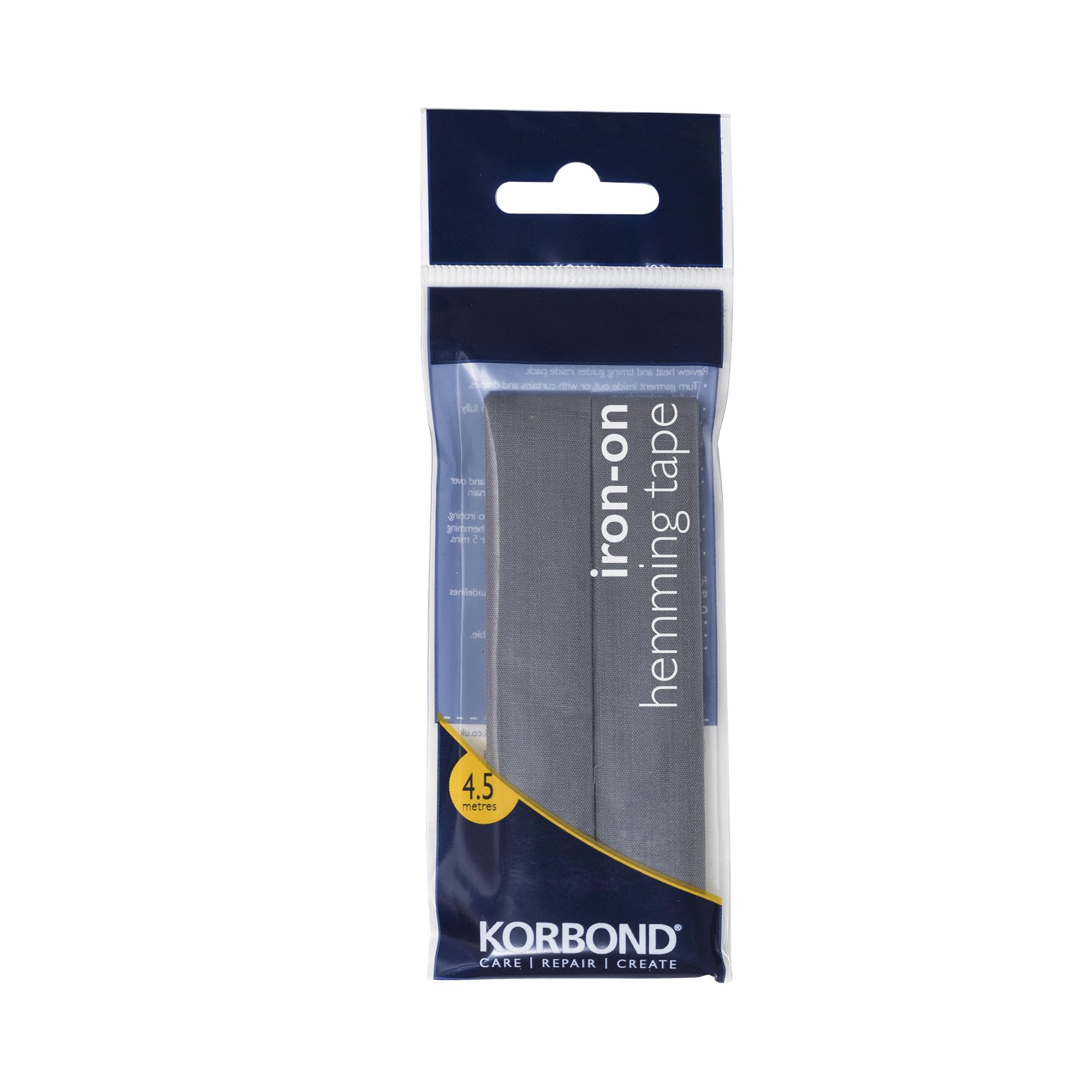 KORBOND Grey Iron Hemming Tape 4.5m x 2cm – Hem Tape Iron On for Trousers, Webbing Tape for Seam and Hemming Web – No Sewing Required Sewing Tape for Quick Repairs on Jeans, School Clothes
