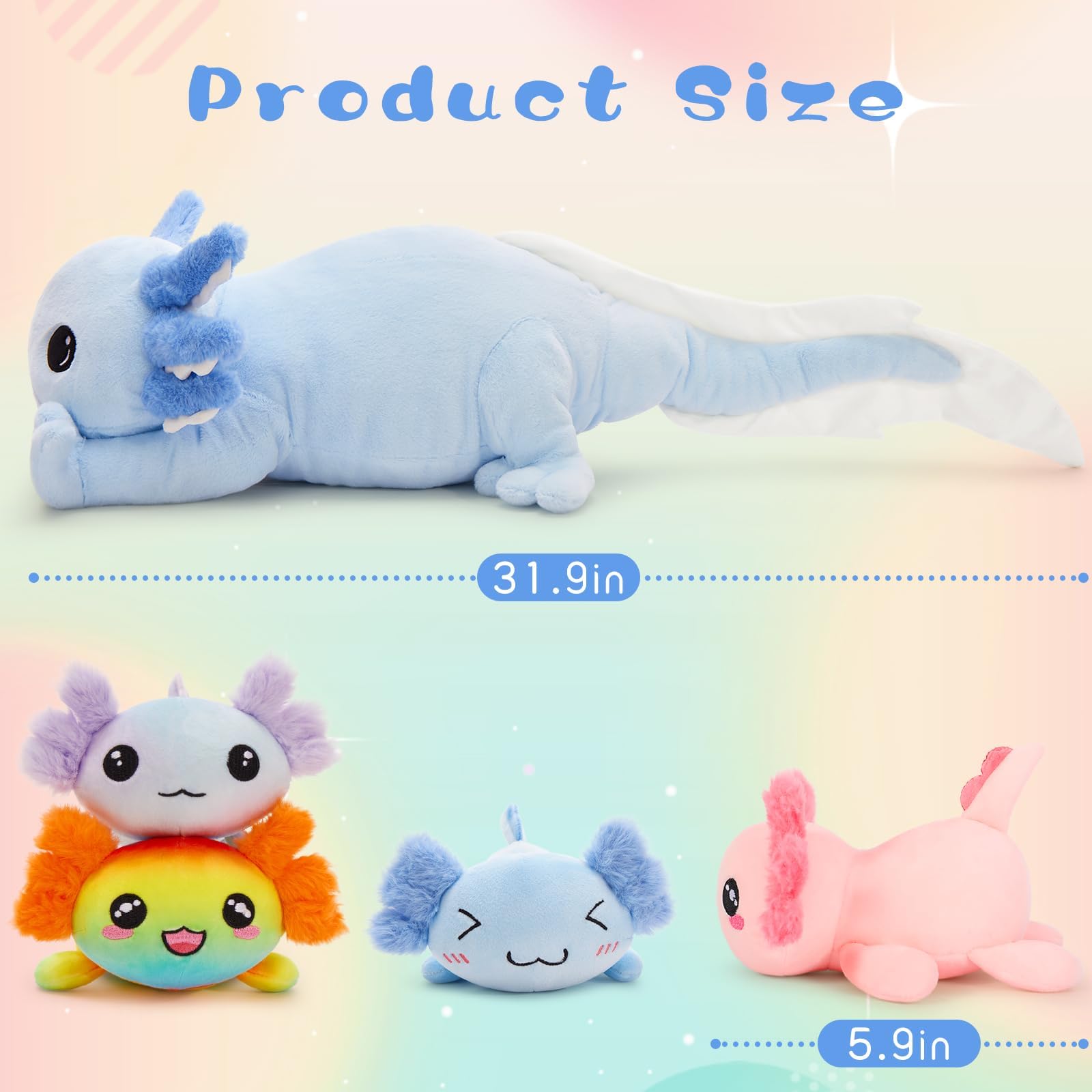 Tezituor Axolotl Plush with 4 Babies, 31.5" Cute Big Axolotl Stuffed Animals Luminous Axolotl Plushies Soft Toy Birthday Gifts for Girlfriends Kids,Blue(Glow in The Dark)
