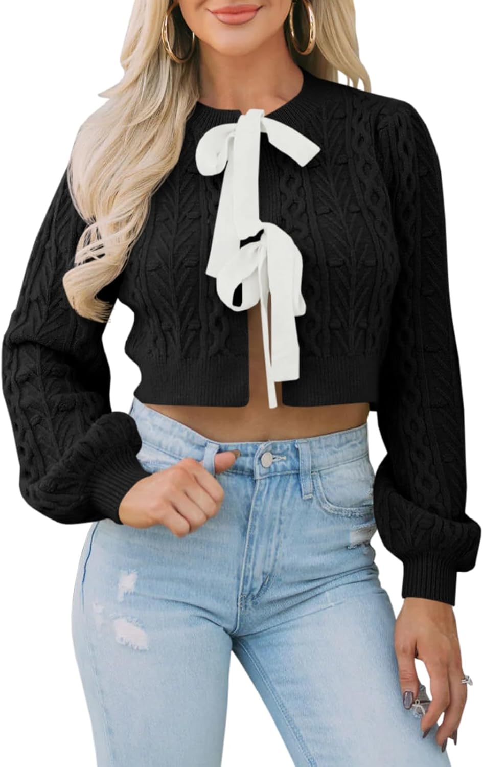 Saodimallsu Womens Cropped Cable Knit Cardigan Sweaters Long Sleeve Bow Tie Front Crew Neck Chunky Sweater Tops