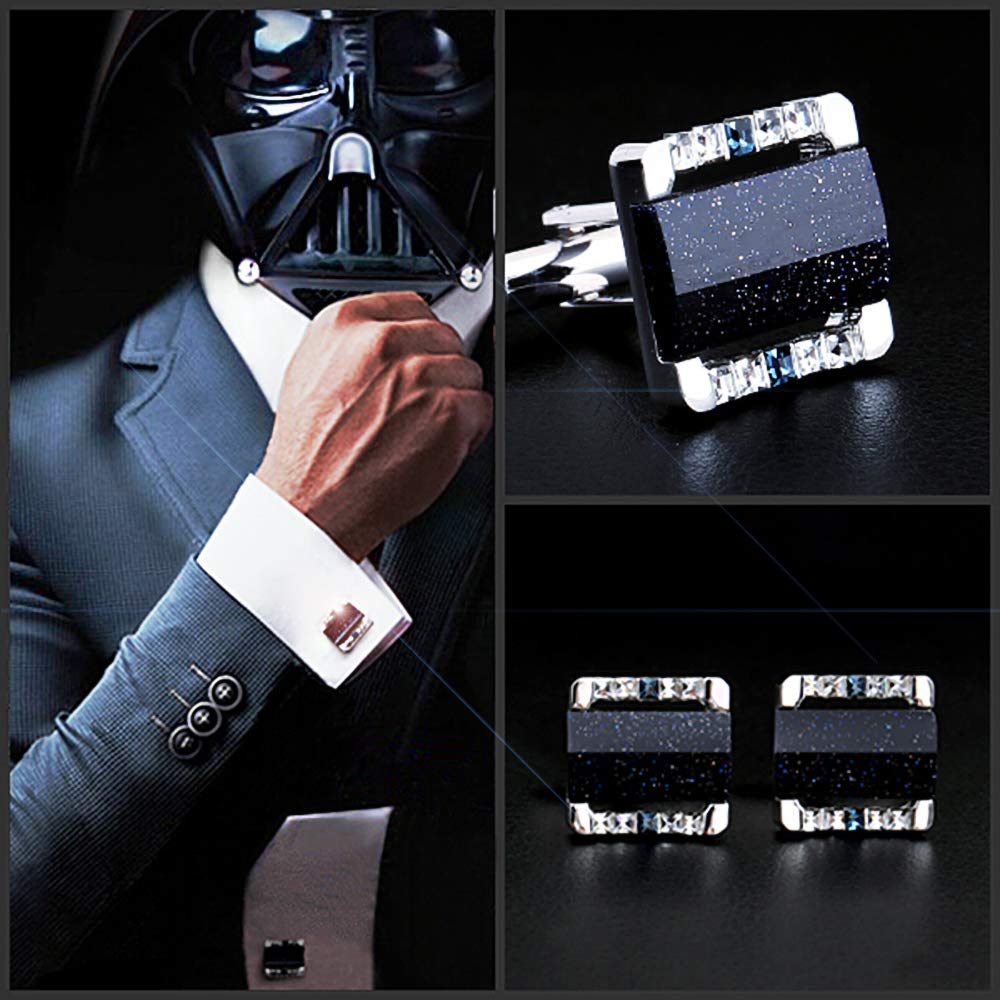 Shinning Galaxy Stone Manschettenknöpfe und Krawattenklammer-Set mit Geschenkbox und Grußkarte, Strip Galaxy Dark Blue Manschettenknöpfe und Krawattenklammer-Geschenkset für Herren
