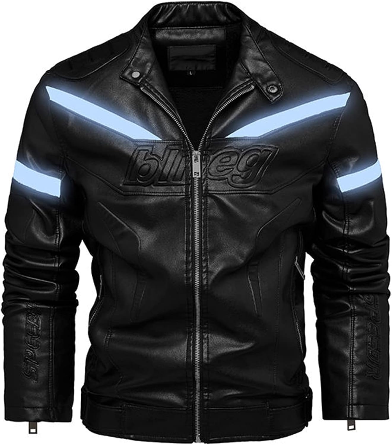 Leather Coat Men’s Casual Stand Collar PU Faux Leather Zip-Up Motorcycle Bomber Jacket Waterproof Reflective Windproof