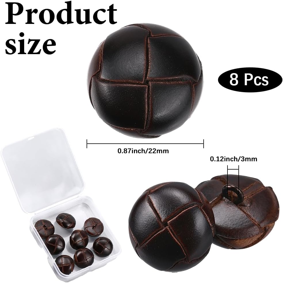 8Pcs 20MM Brown Round Genuine Leather Cover Football Pattern Button Coffee Replacement Metal Shank Decorative Buttons Bulk for Sewing Making Clothes Jackets DIY Crafts Shirts Embellishment