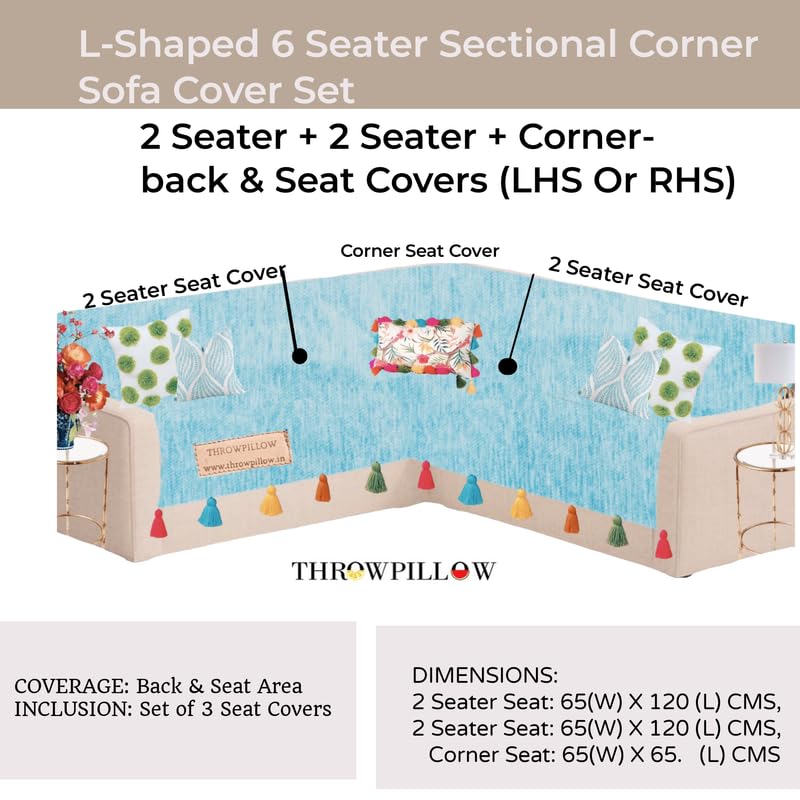 Image of Blue Sofa Cover Multicoloured Tassels: Luxurious L-Shaped Couch Protector -Thick Fabric, Anti-Slip, Stylish & Functional: Fits 2+2 Seater+Corner Sofa -Set of 4 Covers- 2 Seat & 2 Back Cover