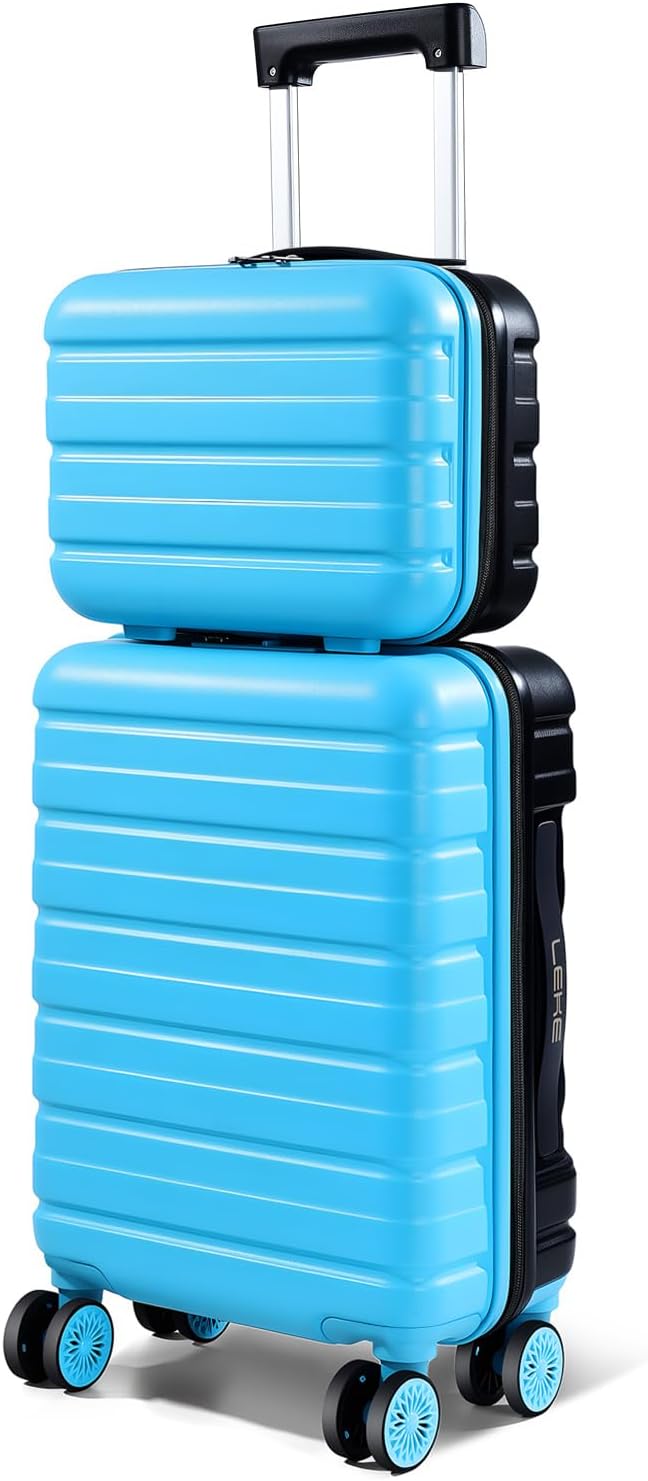 Lekebobor 20 Inch Carry On Luggage 22x14x9 Airline Approved, Hard Shell Suitcase with Cosmetic Case, Luggage Set with Wheels, TSA Lock, Blue