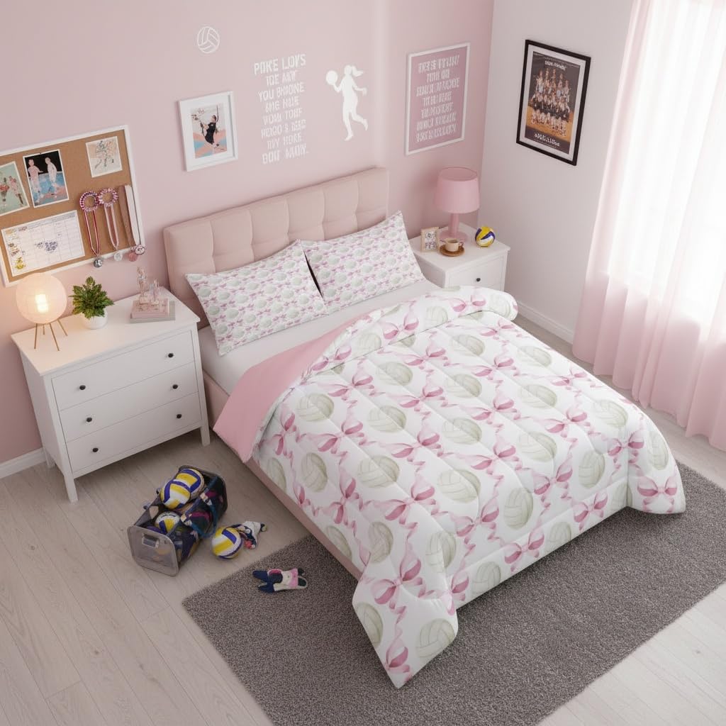 Castle Fairy Volleyball Kids Comforter Sets Twin Size,Woman Sport Girls Bow Tie Printed Bedding Sets,Splicing Bowknot Duvet Insert Bedroom Decor 2 PCS,Princess Style Quilt Set with 1 Pillowcase