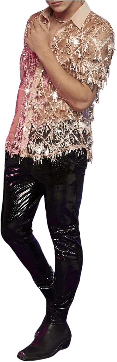 WDIRARA Men's Sequin Decor Fringe Button Front Shirts Short Sleeve Sheer Party T Shirt - Image 5