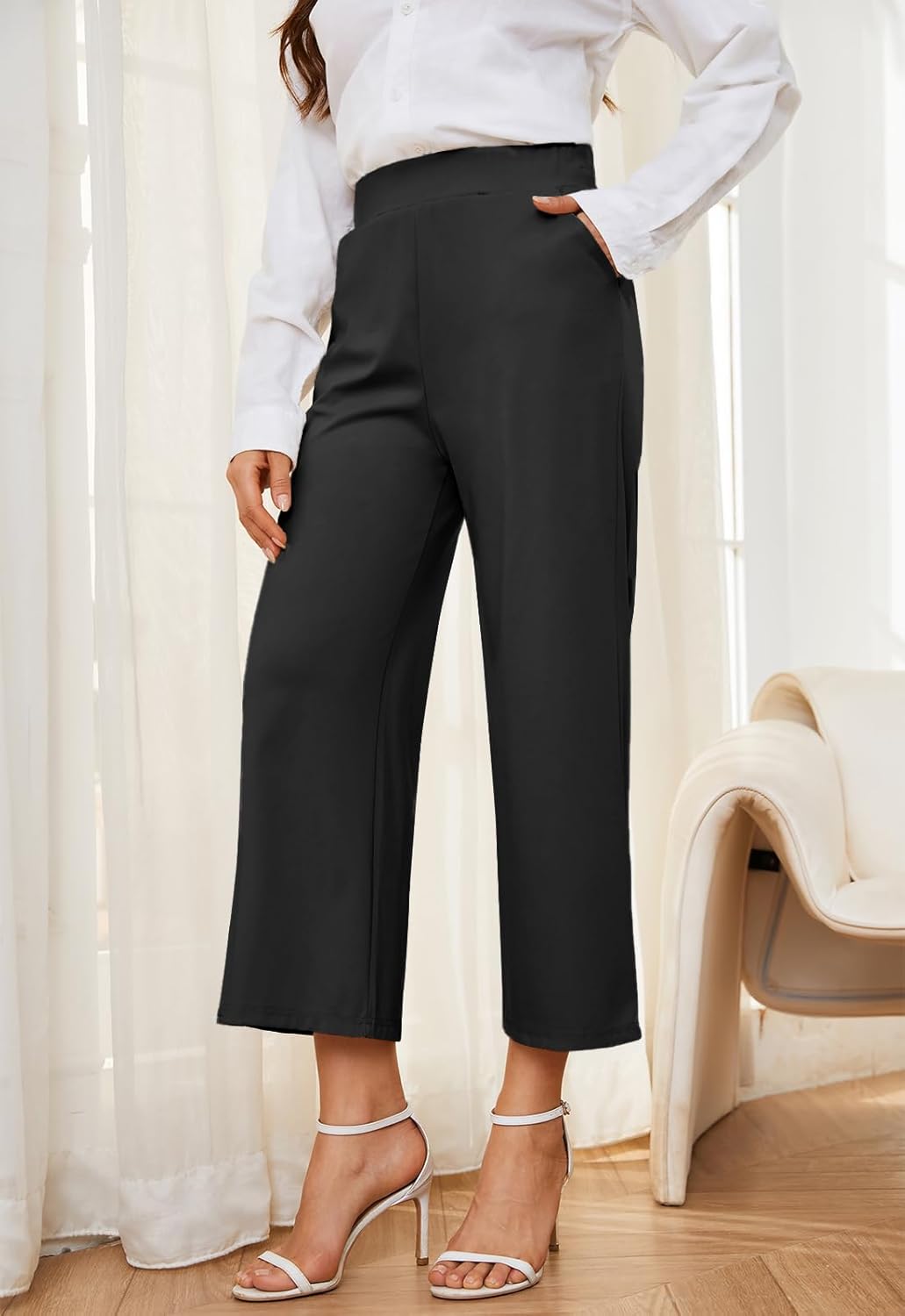 Women's Wide Leg Capri Pants Work Cropped Pants Casual Summer Capris High Waisted Crop Palazzo - Image 3