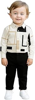 RIYANSHI Modern Geometric Print Button-Down Shirt with Black Trousers, White and Tan Pattern, Toddler Formal Outfit Set Price In India