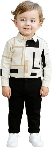 RIYANSHI Modern Geometric Print Button-Down Shirt with Black Trousers, White and Tan Pattern, Toddler Formal Outfit Set