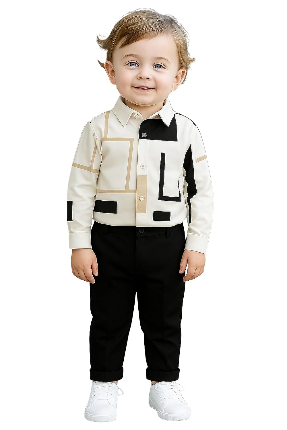 RIYANSHI Modern Geometric Print Button-Down Shirt with Black Trousers, White and Tan Pattern, Toddler Formal Outfit Set - Review, Price and Buying Guide