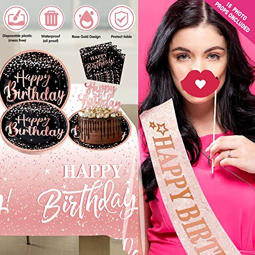 Birthday Decorations For Women Rose Gold - (Total 170Pcs) Happy Birthday Supplies For Women, Balloons,Tablecloth,Foil Backdrops,Plates,Cups,Photo Props,Sash,Tableware For 24 Guests #TOP4