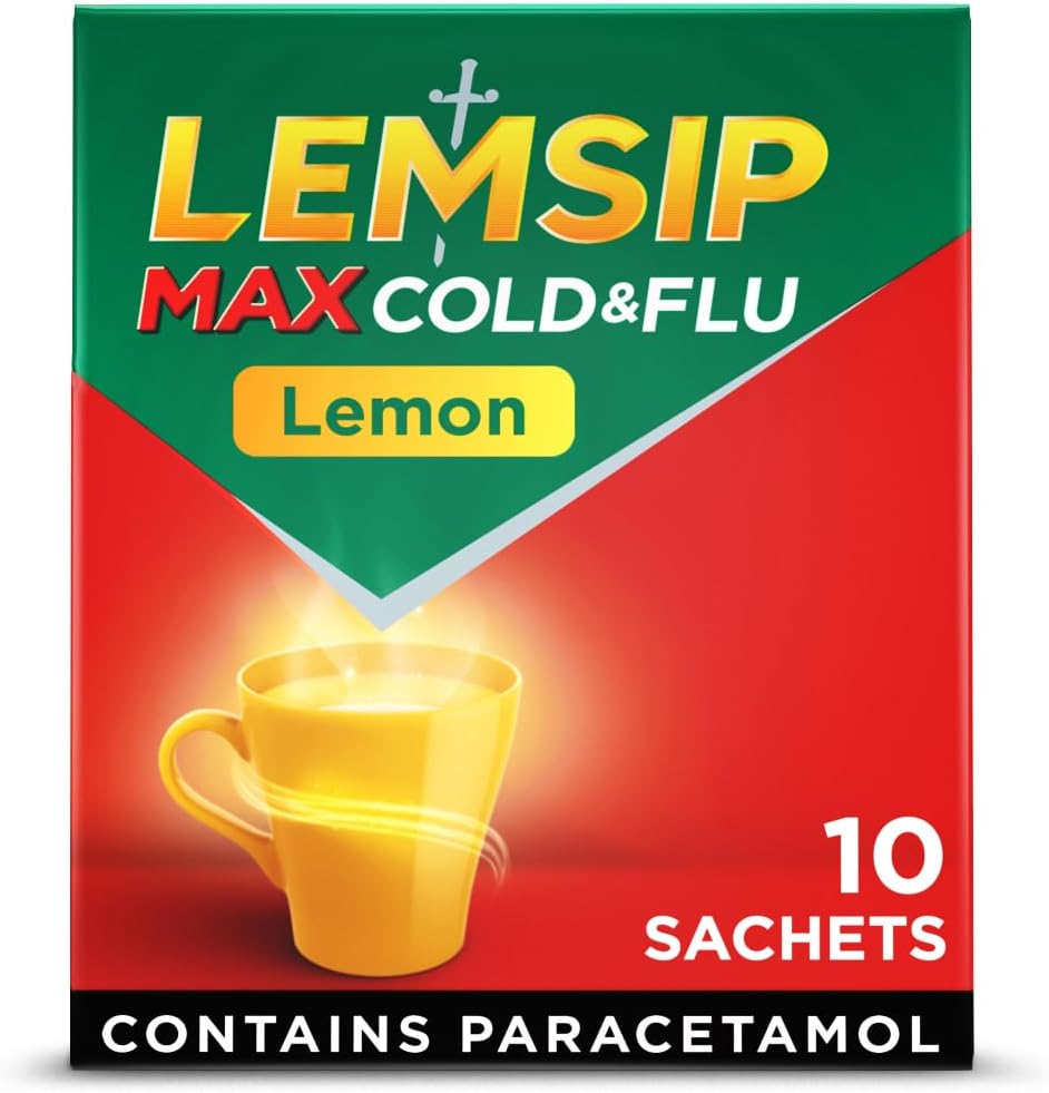 Max Cold and Flu, Lemon, 10 Sachets, Paracetamol, Headache Relief, Sore Throat Relief, Nasal Congestion Relief, Max Strength, Fast-Acting, Medication