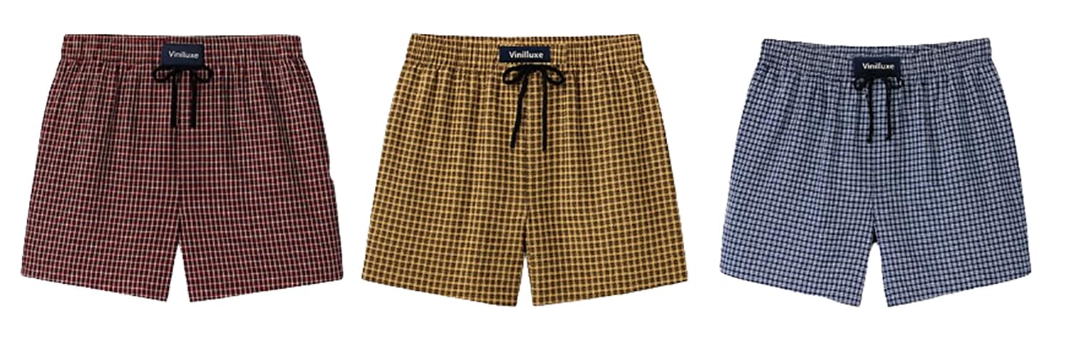 vinilluxe Men's Cotton Plaid Boxer with Drawstring Waist and 2 Side Pockets, Blue Red Black Check Pattern, Combo of 3-picture-24