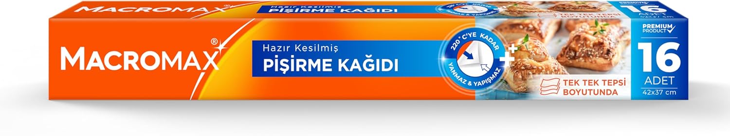 Macro Max Hazır Kesilmiş Yağlı Pişirme Kağıdı 16 Adet, Standart Fırın Tepsisi Boyutu (42x37 cm)