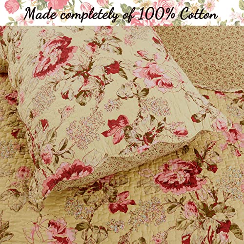 Cozy Line Home Fashions Lelia Pink Rose Blooming Floral Vintage Yellow 100% Cotton Reversible Quilt Bedding Set, Coverlet Bedspread (Rose Vivid, Queen - 3 Piece) #TOP2