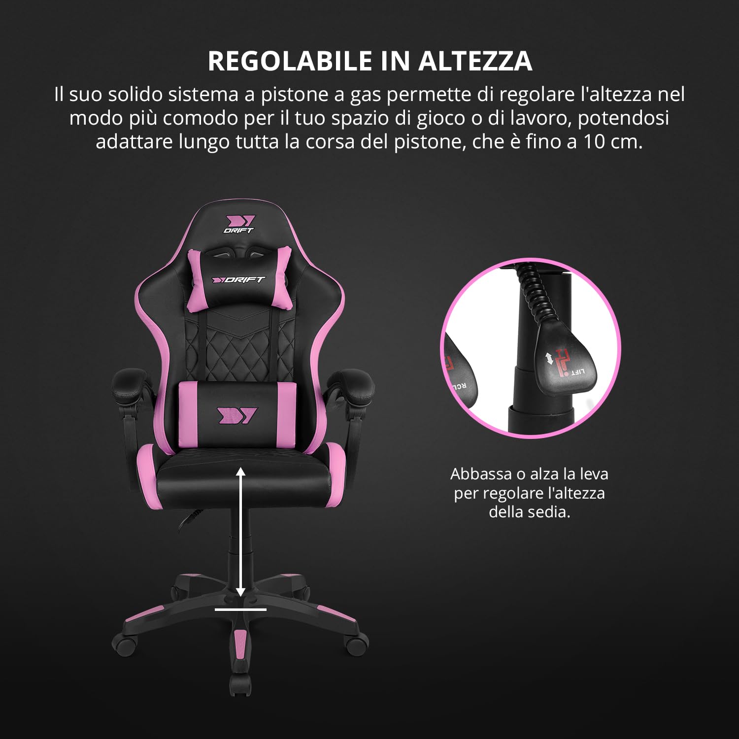DRIFT GAMING DR35 – Sedia Gaming Ergonomica Professionale con Braccioli 2D Regolabili, Supporto Lombare e Cervicale, Reclinabile a 135°, Rivestimento in Pelle Sintetica, Ruote Silenziose, Nero-Rosa