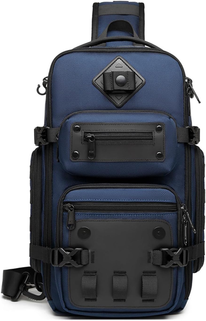 Tactical Sling Bag Crossbody Backpack with Tripod Holder Chest Shoulder Bag for Men One Strap Motorcycle Chest Pack for Travel Hiking Waterproof Satchel Bag fit 10.5 inch Tablet Blue
