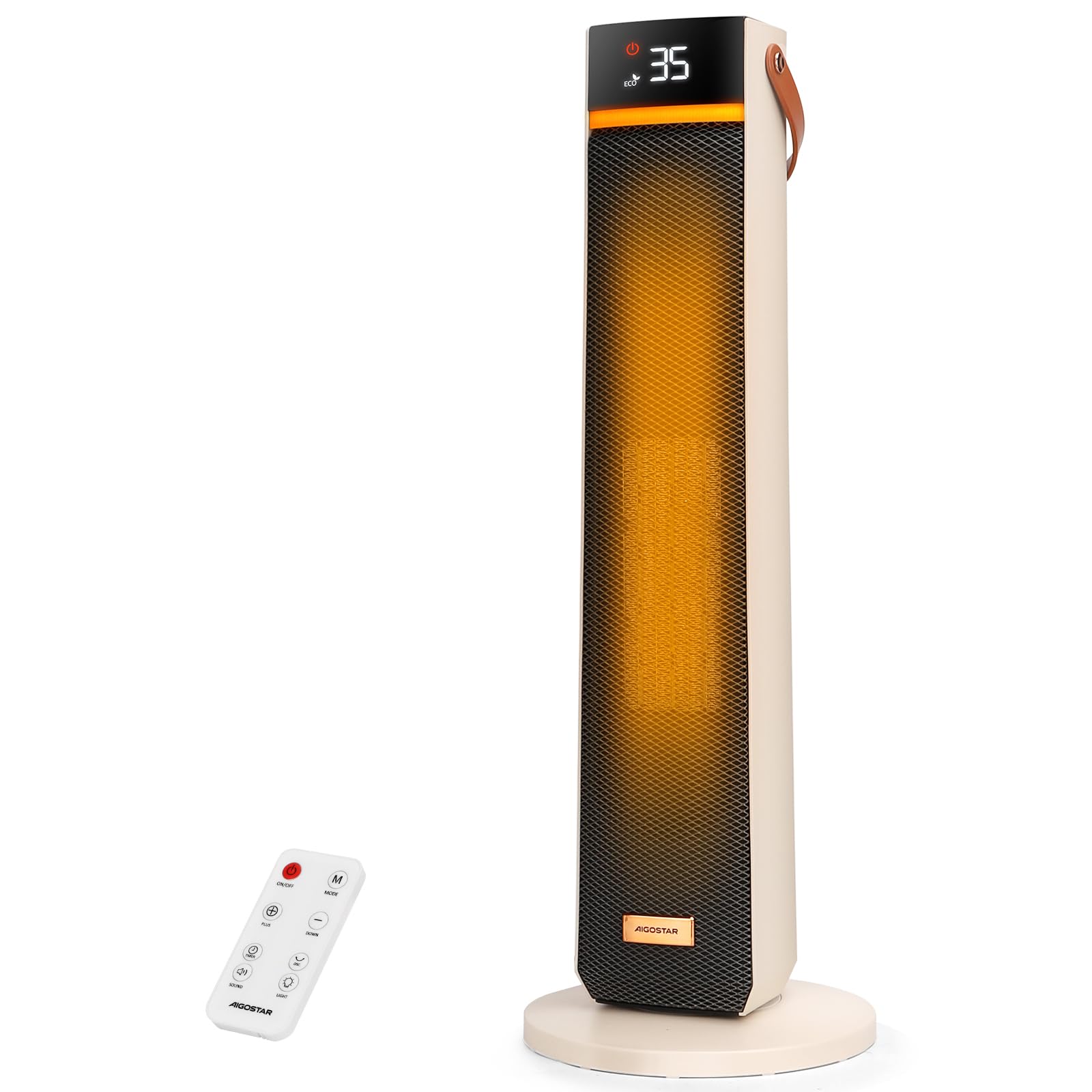 Aigostar Calefactor Cerámico con Luz Nocturna, Mando a Distancia y Pantalla Táctil LED, 2000W, Función ECO, 4 Modos, Silencioso, Temporizador 24H, Temperatura Ajustable 5-35°C, Oscilación y Asa