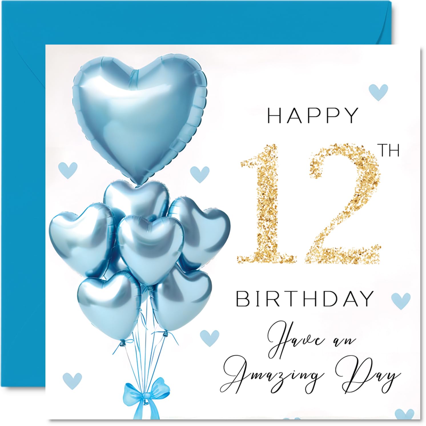 12th Birthday Cards for Boys, Blue Glitter Balloons