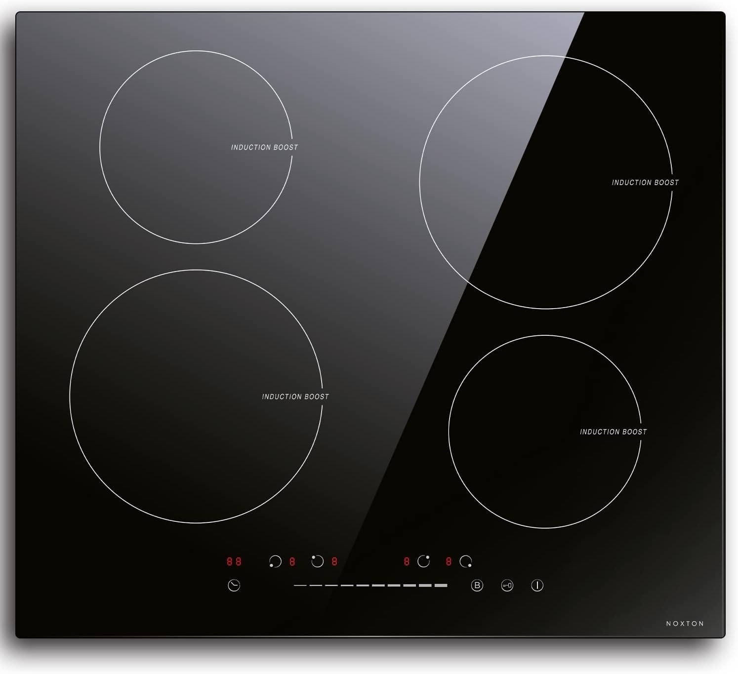 Noxton Induction Cooktop 4 Burners, 24 Inch Induction Stove Slide Touch Control, 9 Power Level, Fast Heating Boost Function, Timer, Safe Lock, Built-in Electric Cooktop, 8200W, 220~240v Hard Wire