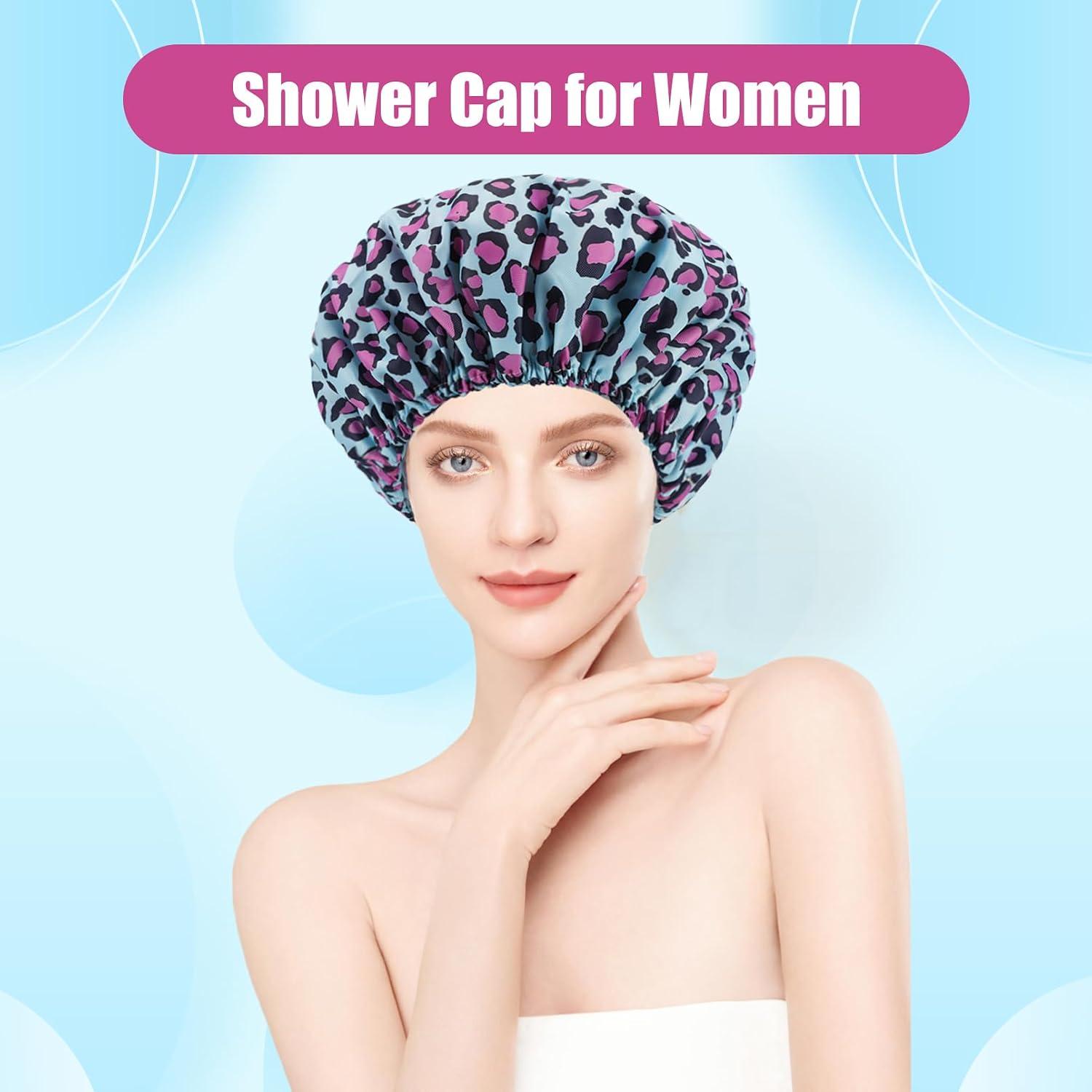 4 PCS Shower Caps for Women,Reusable Waterproof Shower Cap,Double Layers Bath Caps,Large Shower Cap with EVA Lining,Elastic Bathing Hair Cap for All Hair Lengths(Leopard 2)