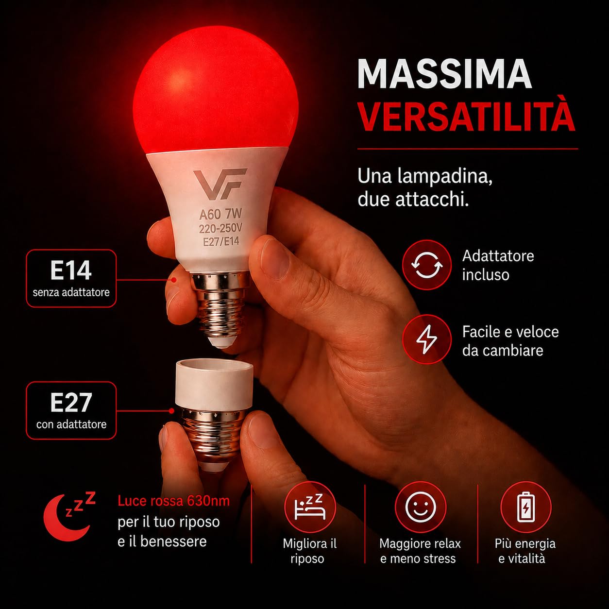 Pack2 Lampadina LED notturna, melatonina rossa 625nm, attacco E27+E14-2 in 1 - Adattatore incluso - Lampadina rossa da 7W per la terapia del sonno - 0% luce blu - Senza sfarfallio