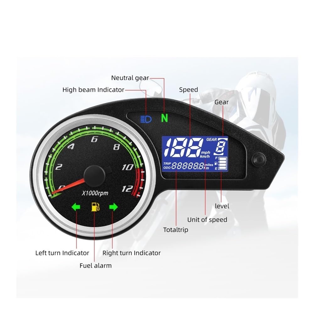 Contagiri moto strumento Contagiri universale per motocicletta Contachilometri digitale 12000RPM Misuratore di giri LED Strumento misura per 124 per cilindro
