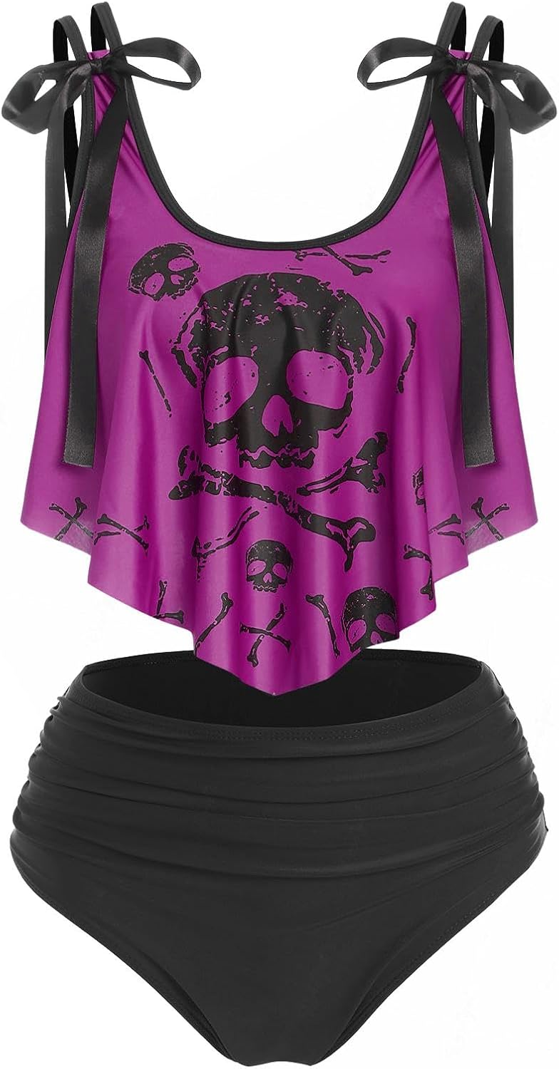 DRESSFO Women's Bikini Set High Waisted Bikini Two Piece Bathing Suit Tummy Control Tankini Gothic Skull Swimsuit