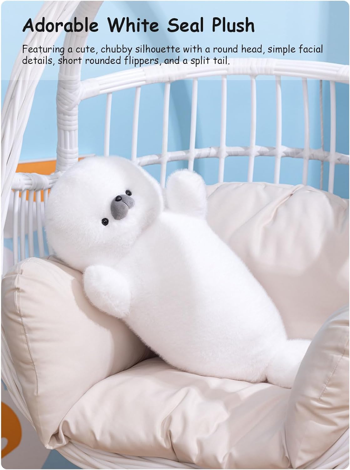 White Cute Seal Plush Pillow, 26" Large Chubby Fat Seal Stuffed Animal, Fluffy Soft Cuddly Long Body Pillow, Home Decor Cushion Birthday Gift Plushy Toy for Girls Kids Teens Adults