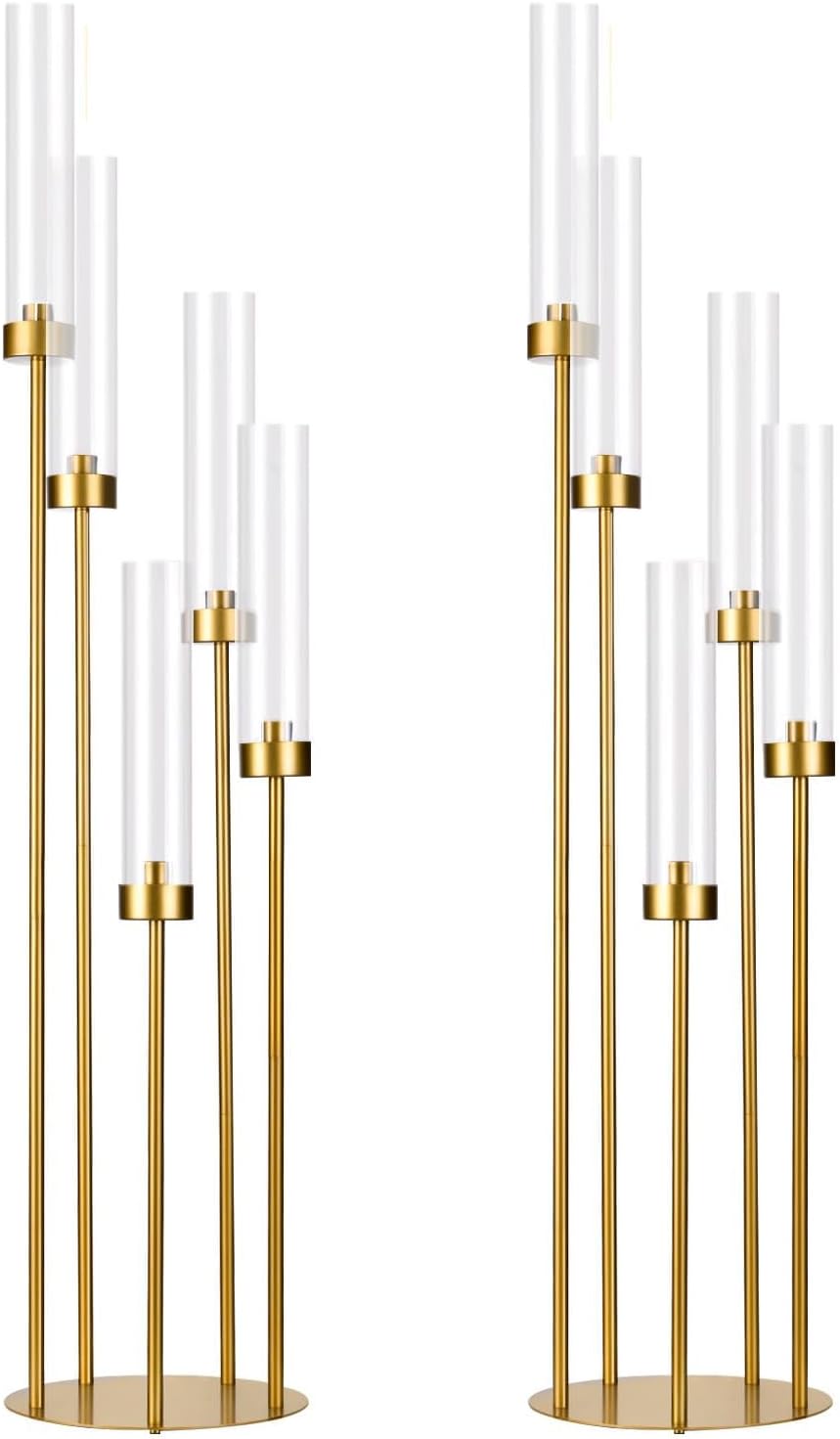 2pcs gold floor candelabra,5 arm candle holder tall floor candle holder with acrylic lampshade for wedding table birthday party home decoration fit led taper candles gold 2pcs