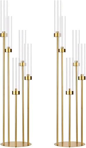 2 Piezas de Candelabro de Piso Dorado, Candelabro de 5 Brazos Alto para Piso con Pantalla de Lámpara de Acrílico para Mesa de Boda, Fiesta de