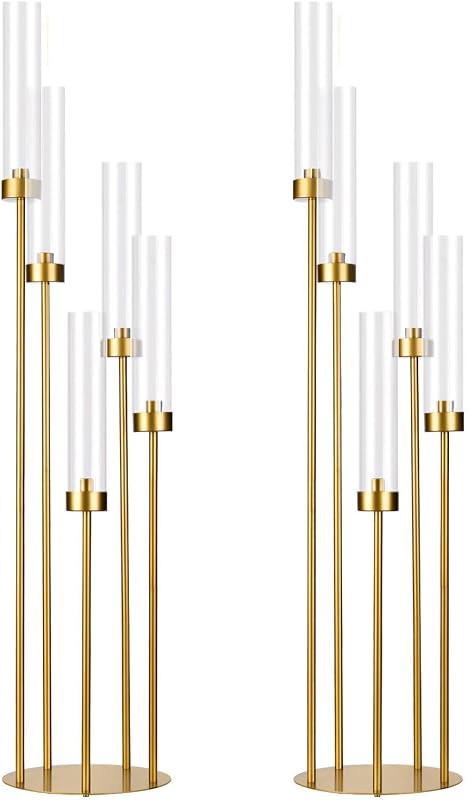 Candelabro de piso dorado de 2 piezas, candelabro de 5 brazos, candelabro de piso alto con pantalla de acrílico para mesa de boda, fiesta de cumpleaños, decoración del hogar, velas cónicas LED