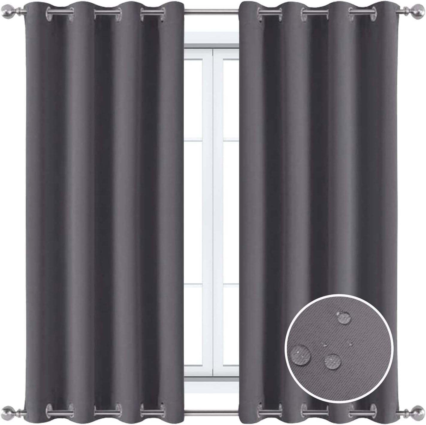 Garden Patio Eyelet Ring Top Curtains Sun Blocking Waterproof Thermal Insulated Blackout Curtain Outdoor Summer Grey (Width x High) W47.24 x H59.05 x 1PC