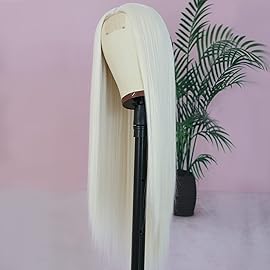 ANDRIA Platinum Blonde Wig with Little Lace on Frontal Long Straight Wig with Natural Hairline Glueless Wig Synthetic Heat Resistant Fiber Hair Wigs for Women 26 Inch