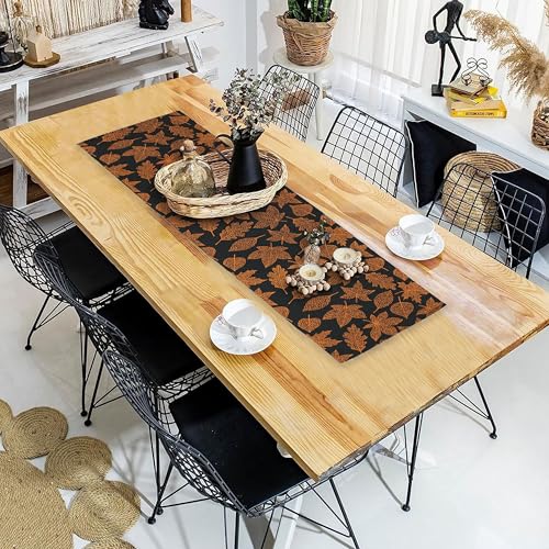 Image of HOME COLORS.IN Cotton Ribbed Maple Leaf Orange Table Runner - Machine Washable - Durable - Dining Table Runner - 14 x 52 Inch - Black