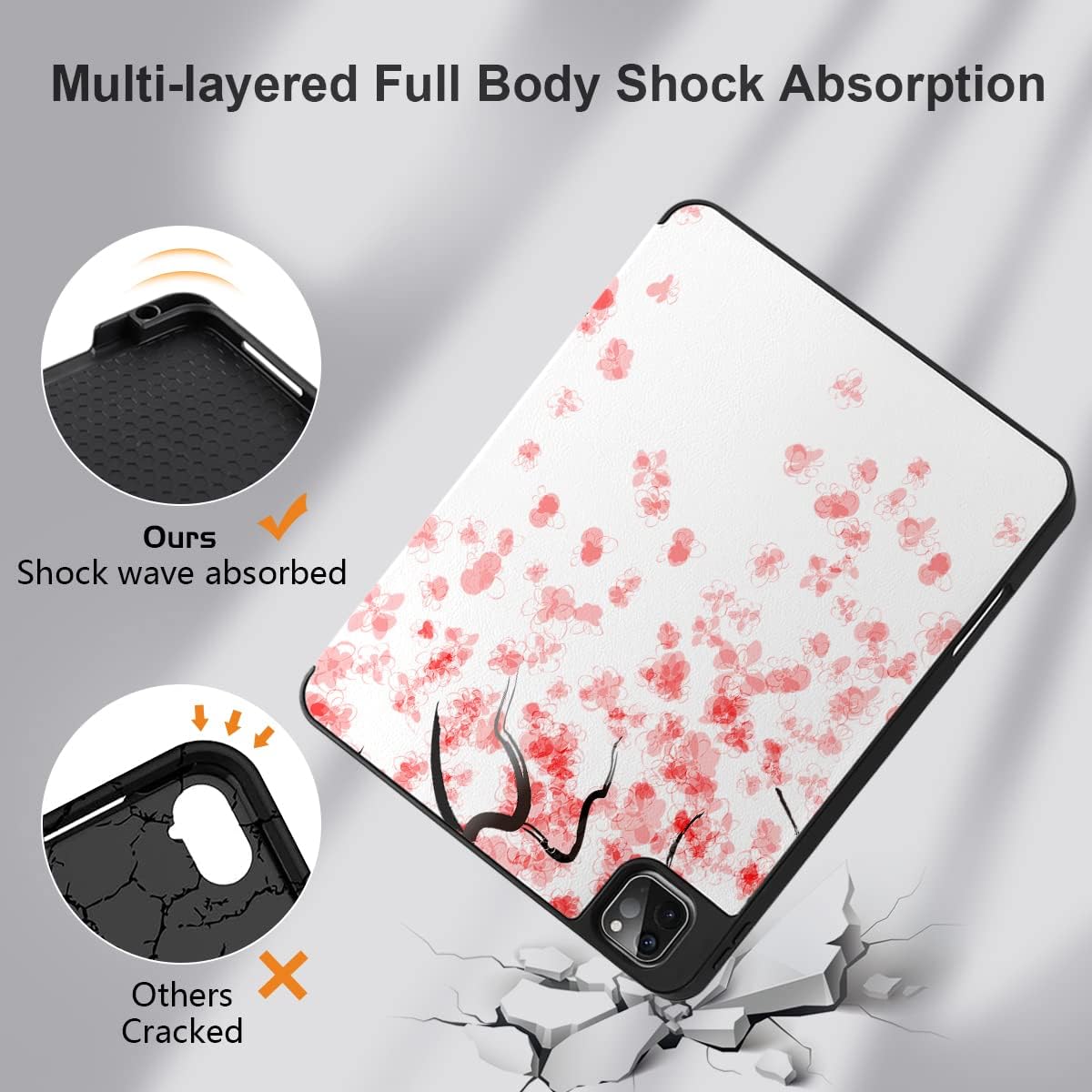 TWOLSKOO Case for iPad Air 13 inch 2024 / iPad Pro 12.9 inch 6th/5th/4th/3rd Gen 2022-2018, [Built-in Pencil Holder] Trifold Stand & Auto Wake/Sleep, Shockproof Cover Soft Back Shell, Cherry Blossoms