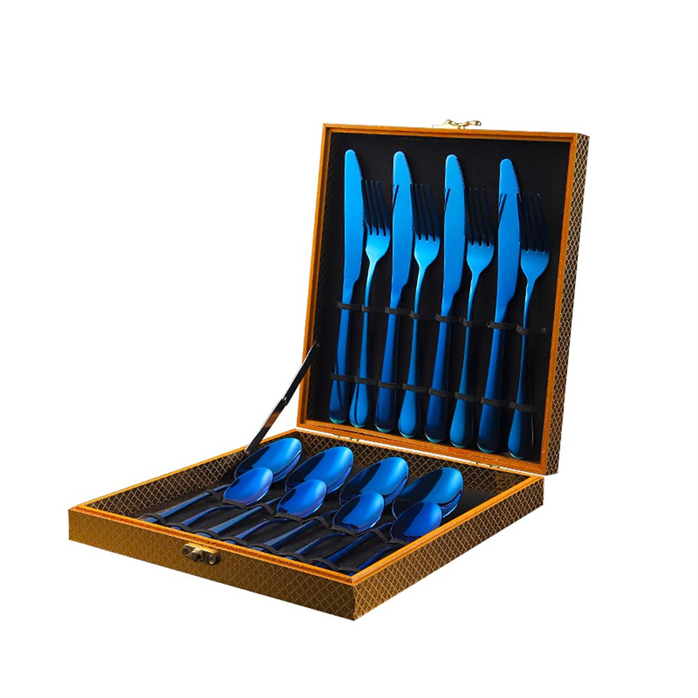 Ensemble De Dîner en Acier Inoxydable, Cuillère De Couteaux À Fourche À Fourchettes Ustensiles De Moindre Service pour 4, Sainement Et Miroir Poli, Boîte-Cadeau Haut De Gamme,Bleu