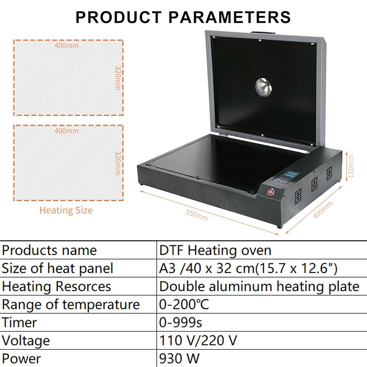 Przenośna Drukarka DTF O Mocy 930W, Podwójne Ogrzewanie, Temperatura Regulacji 0-200℃, Czas 999 S, Cyfrowy Wyświetlacz A3 Piekarnik Do Suszenia Znaków DIY Do Folii Przemysłowych Rolniczych