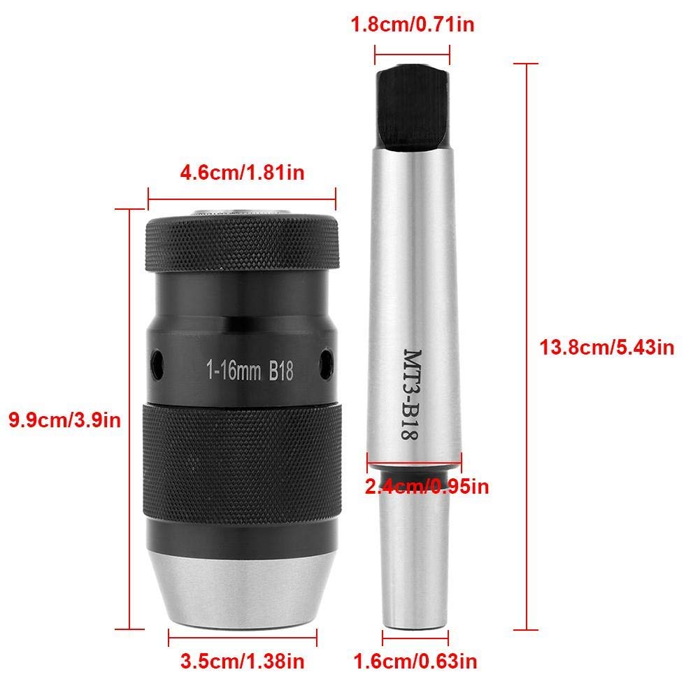 Mandrino Autoserrante Professionale MT3-B18, Conico con Perno MT2-JT3, Capacità 1-16mm per Trapano, Sistema Autofrenante
