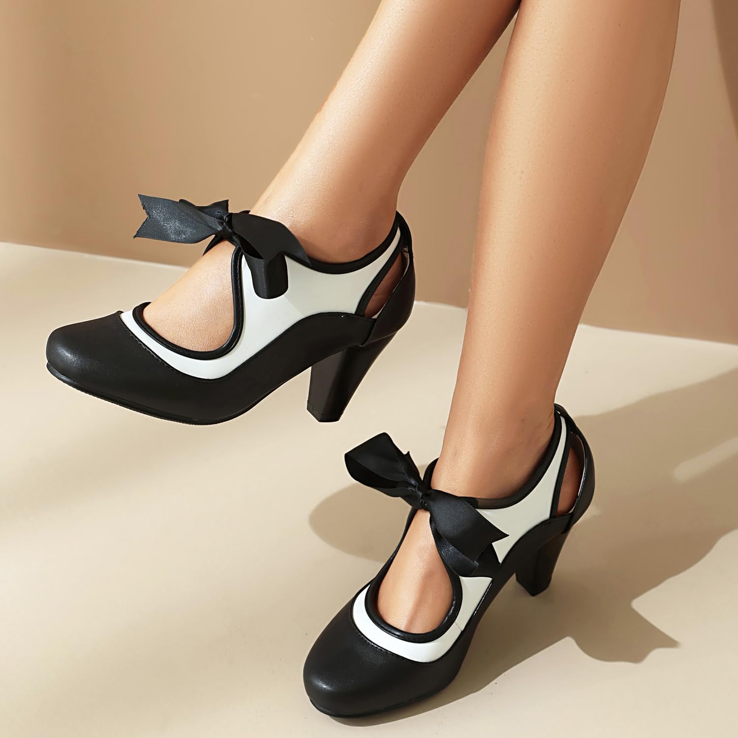 Elerhythm Women's Mary Jane Two Tone Lace Up Closed Round Toe Vintage Heels 1950s Pumps 1920s Victorian Retro Shoes - Image 6