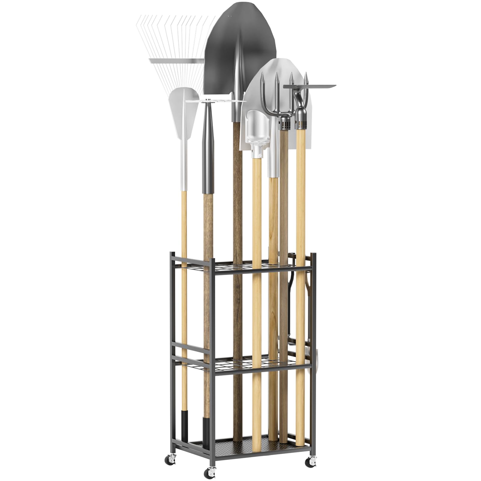 Sun Bling Garden Tool Storage Rack, 3 Tier Garage Tool Organizer with Wheels, Portable Yard Tools Organiser for Shovels, Rakes, Brooms and Cleaning Equipment, up to 35 Tools (Black)