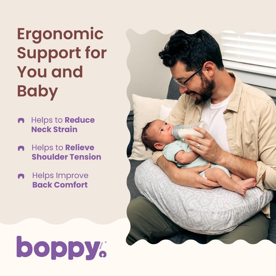 Boppy Nowa poduszka do karmienia - kremowa retro Squiggles - większa, bardziej wspierająca poduszka do karmienia piersią i karmienia butelką - mocniejsze wypełnienie, wyższe podnoszenie, większy