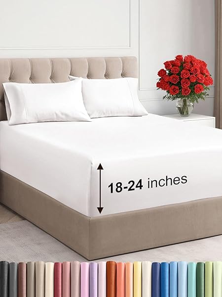 Extra Deep Pocket Queen Sheet Set - 4 Piece Breathable & Cooling Bed Sheets - Hotel Luxury Sheet Set - Soft, Wrinkle Free & Comfy - Easily Fits Extra Deep Mattresses - Deep Pocket Antique White Sheets