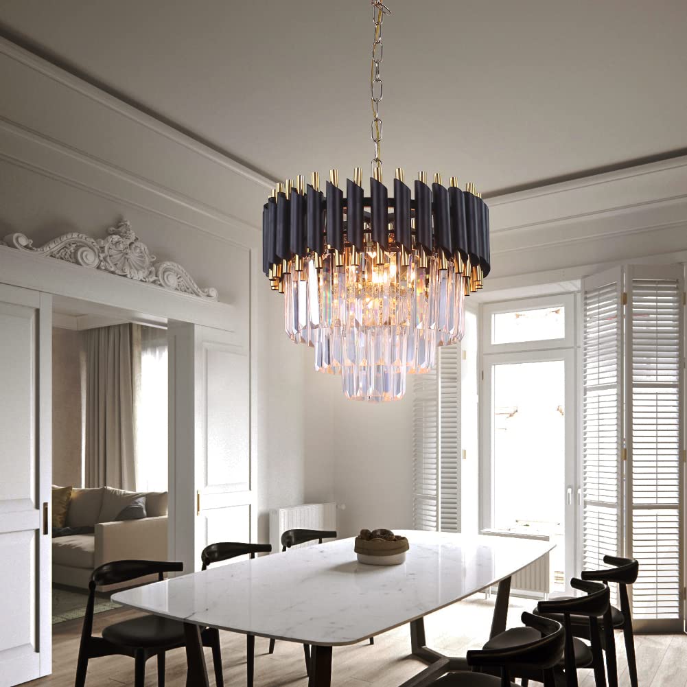 FRIXCHUR Moderne Kristall Kronleuchter 3-Tier Kristall Kronleuchter Licht 15,7 '' Schwarz und Gold Pendelleuchten für Wohnzimmer Küche Insel Foyer E14x5 Glühbirne (nicht enthalten Glühbirne)…