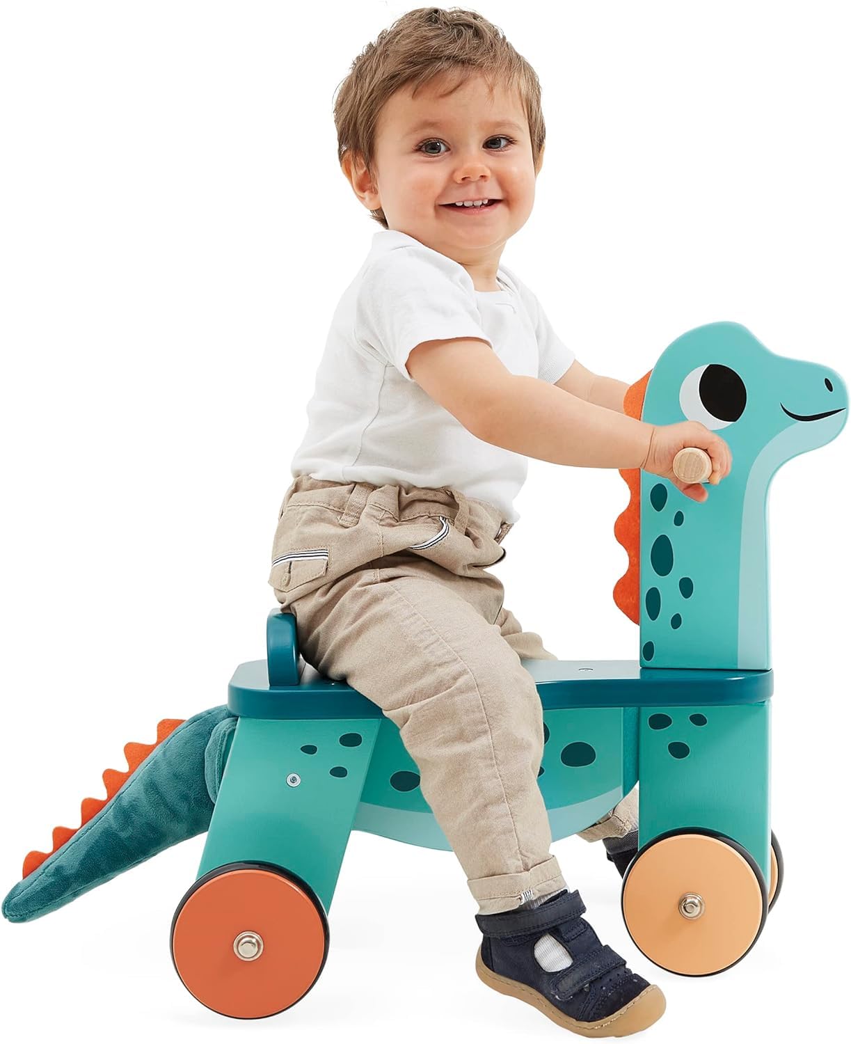 Janod - Cavalcabile Dinosauro Portosauro - Altezza Sedile 21 cm - Coda Peluche Removibile - Giocattolo Multisensoriale Legno FSC - dai 12 Mesi, J05828