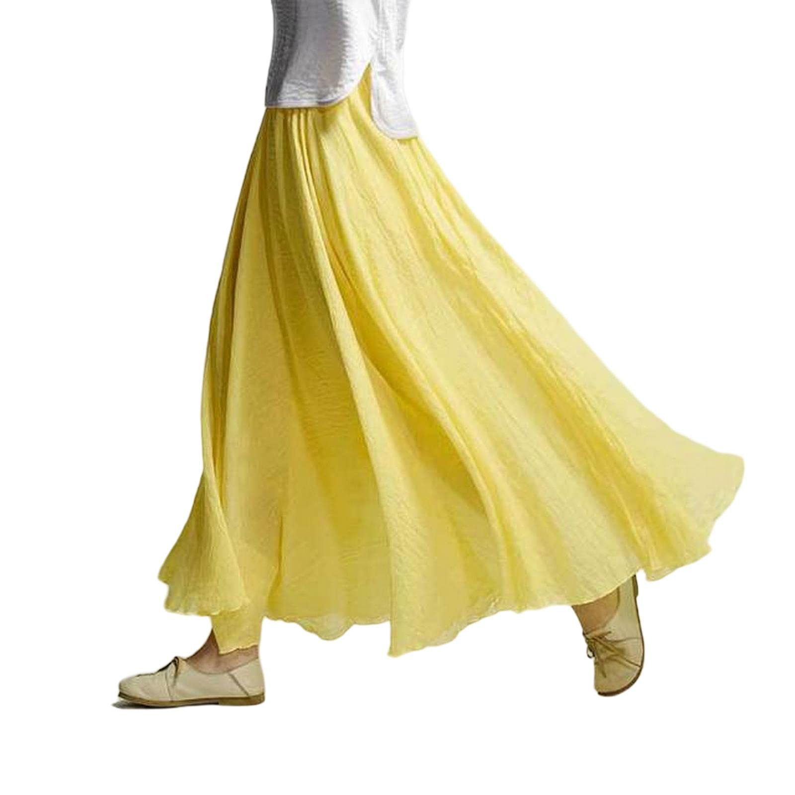Falda larga de lino para mujer, falda larga de algodón con cintura elástica, plisada, maxi faldas de playa vintage de verano, amarillo, 40