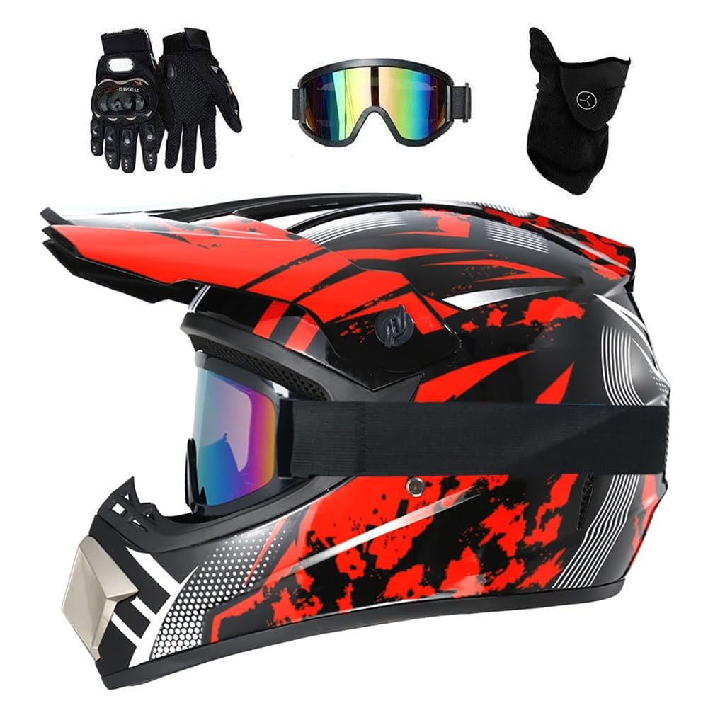 Gioventù Bambini Casco da Motocross, con Occhiali Guanti Maschera, Unisex Comodo Integrale Fuoristrada ATV Scooter Moto Caschi, Discesa Enduro BMX MTB Dirt Bike Incidente Casco