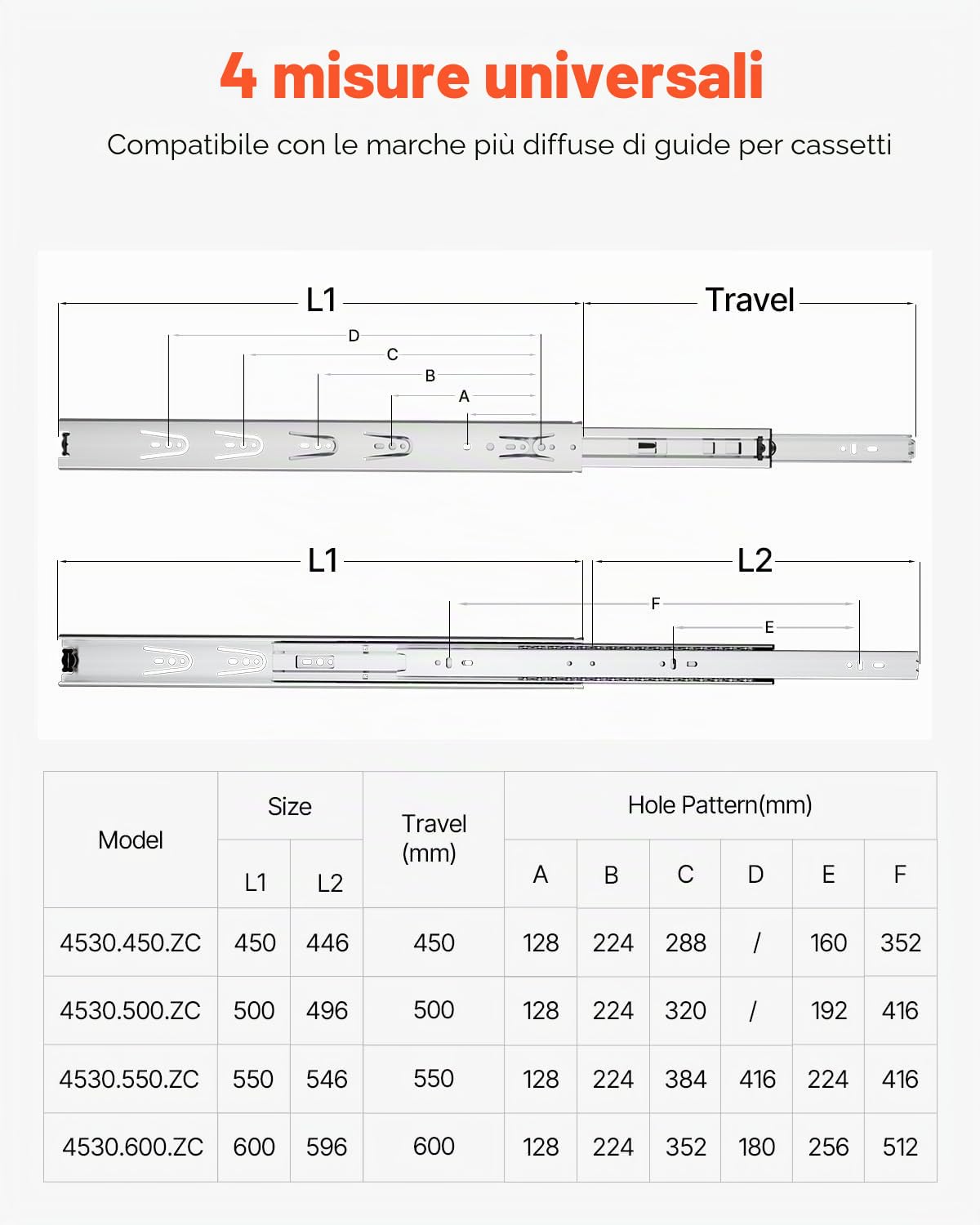VEVOR Guide per Cassetti, 10 Paia di Guide per Mobili, con Cuscinetti a Sfera a Estensione Completa, Capacità di Carico di 45 kg per Montaggio Laterale per Impieghi Gravosi 600 mm